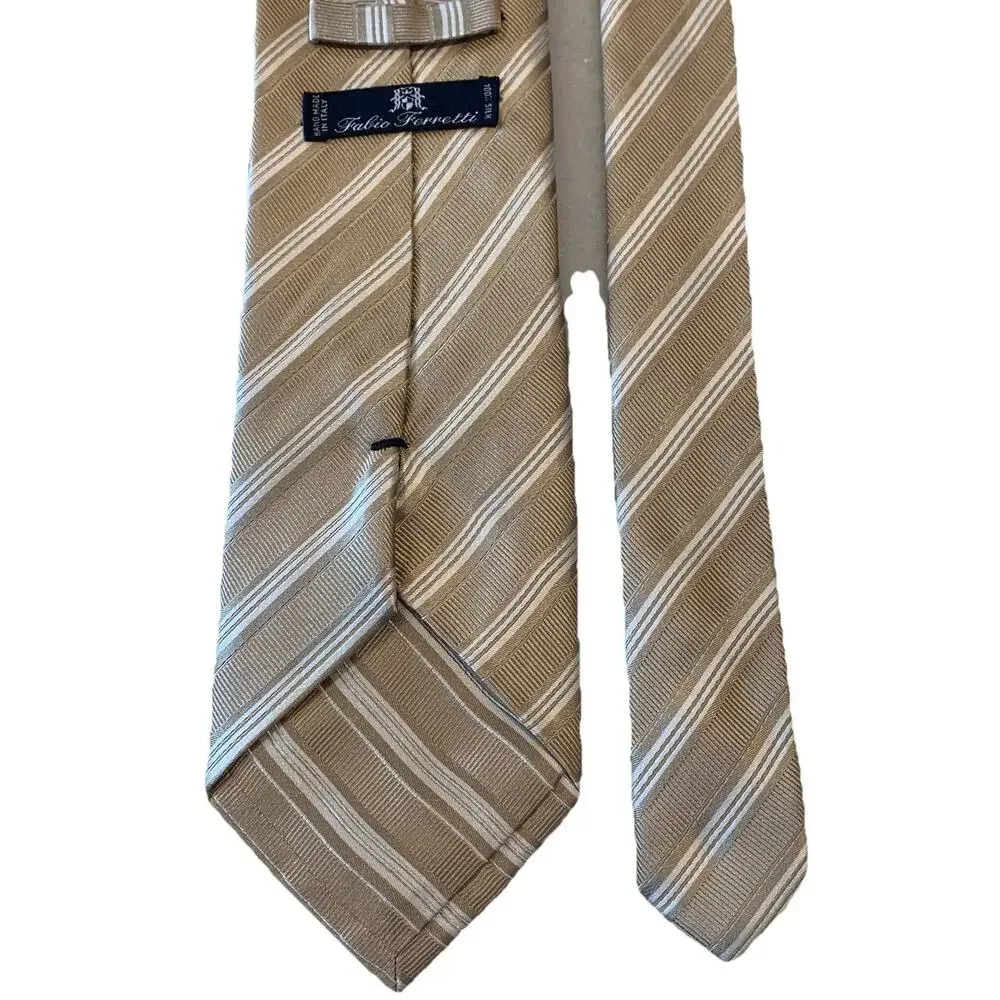 Fabio Ferretti Italy Handmade Men’s Silk Tie Tan Gold & White Diagonal Striped